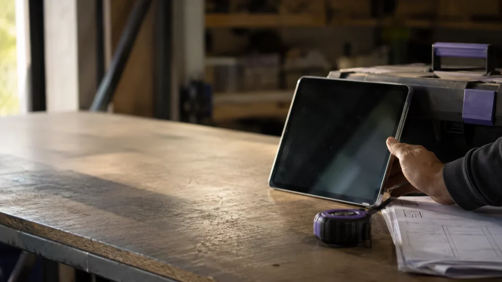 Werkstatttisch eines Handwerksbetriebs: ein Tablet lehnt an einem Werkzeugkasten, daneben Maßband und eine technische Zeichnung.