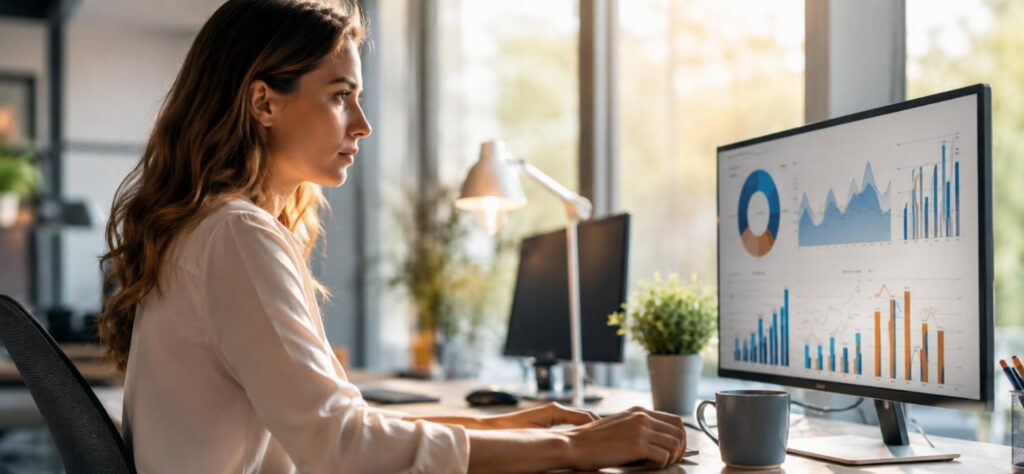 Datenanalyse mit Diagrammen am Monitor – Sinnbild für strukturierte Daten und Suchergebnisse