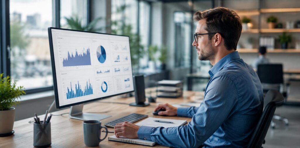 Mann mit Brille betrachtet ein Analyse-Dashboard mit Diagrammen auf einem breiten Monitor im hellen Buero