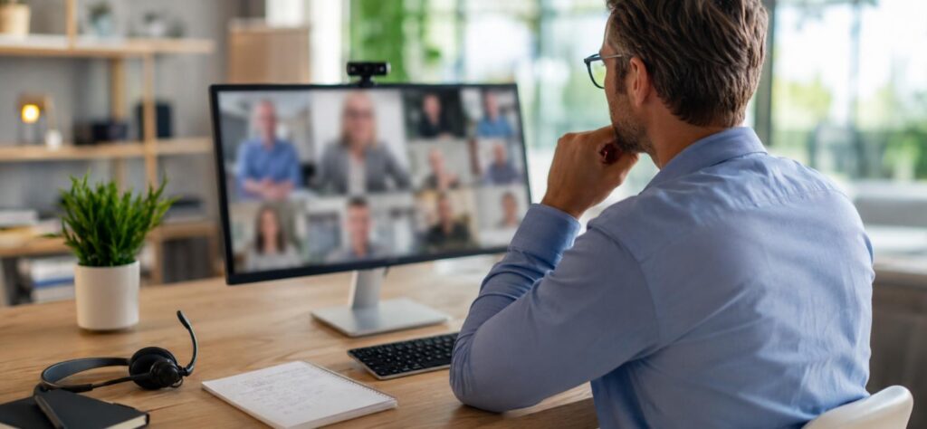 Person am Schreibtisch in einer Videokonferenz, daneben ein Notizblock – Sinnbild für automatisch erstellte KI-Meetingprotokolle