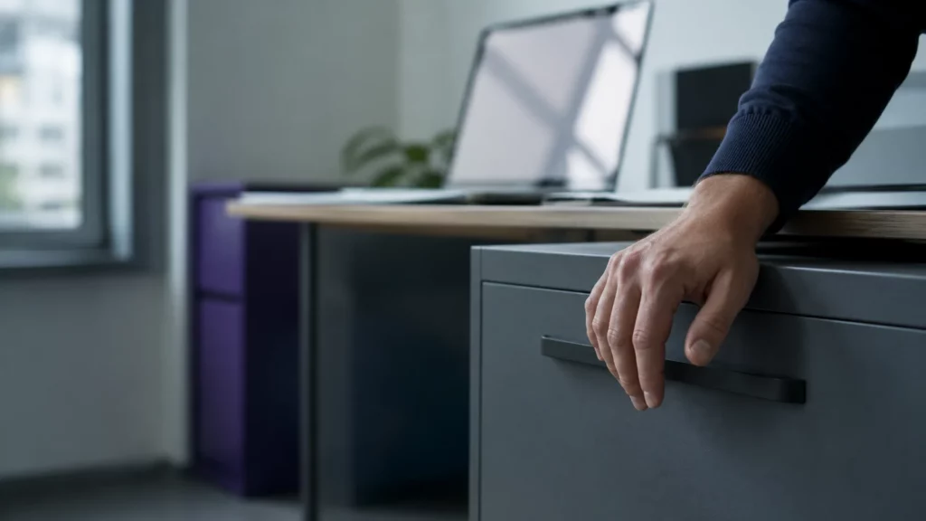 Eine Hand liegt am Griff einer geschlossenen grauen Aktenschublade, im Hintergrund unscharf ein aufgeklappter Laptop.