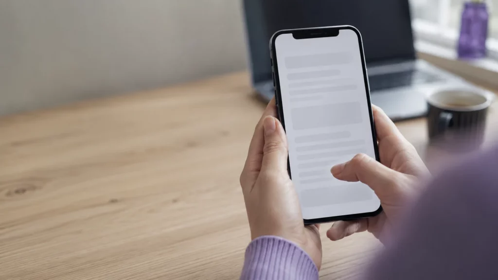 Hände halten ein Smartphone, auf dem Bildschirm die angedeutete Struktur einer Antwort; im Hintergrund unscharf ein Laptop auf einem Holztisch.