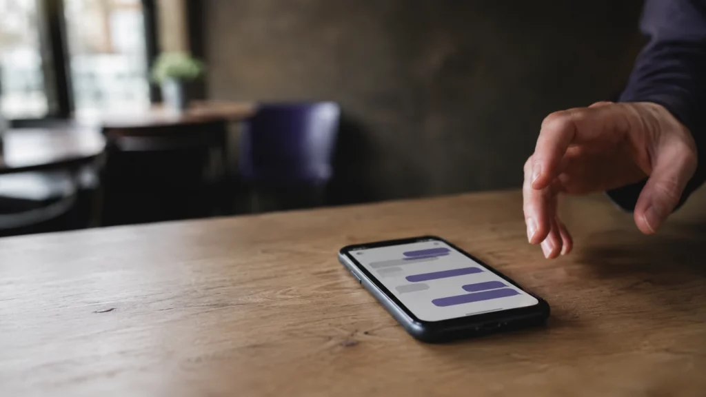 Ein Smartphone liegt auf einem Cafétisch, auf dem Bildschirm abwechselnd graue und violette Sprechblasen ohne Text.