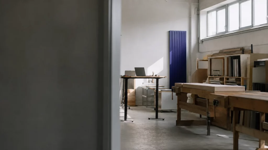 View through a doorway into a small workshop: workbenches, stacked materials and a laptop on a standing desk in morning light.