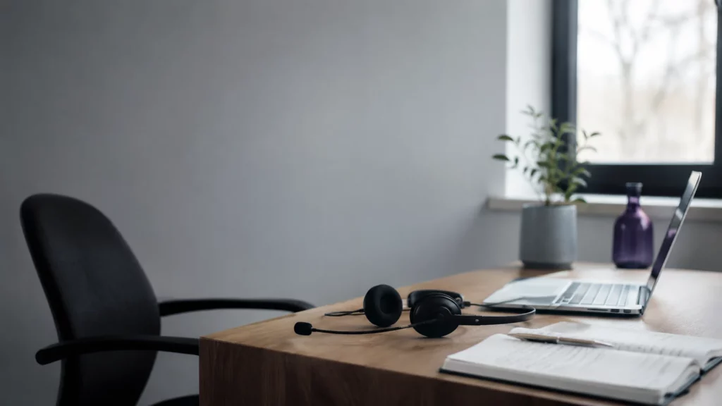 Ruhiger Arbeitsplatz im Kundenservice: ein Headset neben einem Laptop, ein Notizbuch, der Stuhl leer und zurückgeschoben.