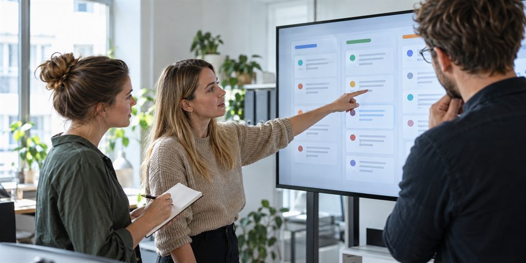 Drei Personen stehen im Büro vor einem großen Bildschirm mit einer Sammlung von Karten; eine Person zeigt auf einen Eintrag, eine andere hält einen Notizblock